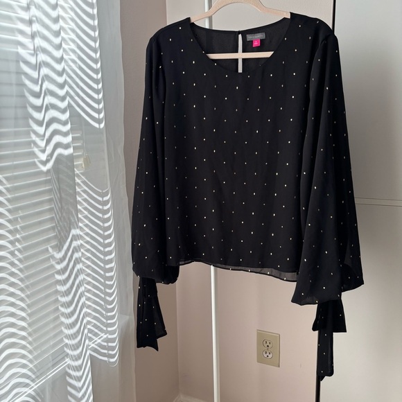Vince Camuto Black Gold Polka Dot Blouse Tie Sleeve Bell Cuffs Size XL - Picture 1 of 1